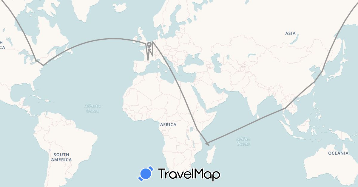TravelMap itinerary: driving, bus, plane in Canada, China, France, United Kingdom, Kenya, Comoros, South Korea, Netherlands, Thailand, United States, Mayotte (Africa, Asia, Europe, North America)